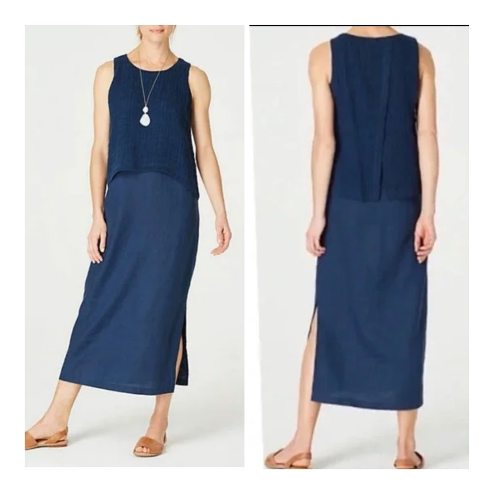 J. Jill Purejill Batik Blue Linen Layered Minimalist Lagenlook Maxi Dress SZ L